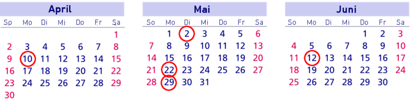 Brückentage, Kalender, April, Mai, Juni