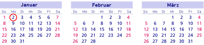 Brückentage, Kalender, Januar, Februar, März