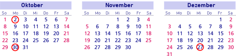 Brückentage, Kalender, Oktober, November, Dezember