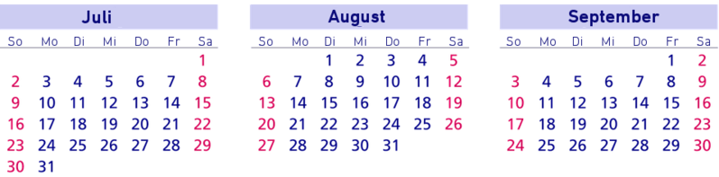 Brückentage, Kalender, Juli, August, September