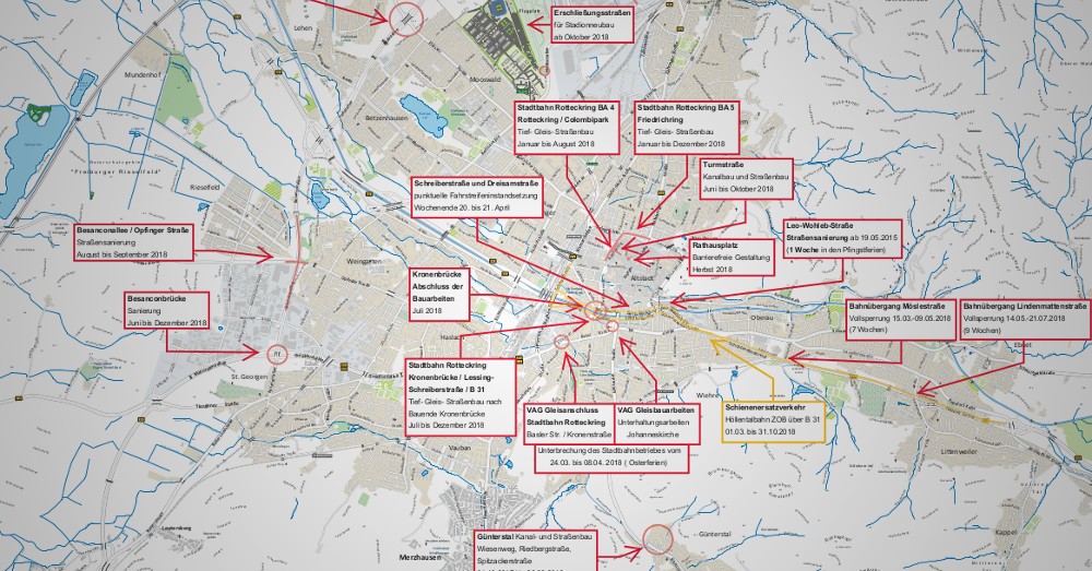 Übersicht, Karte, Baustellen, Freiburg, 2018